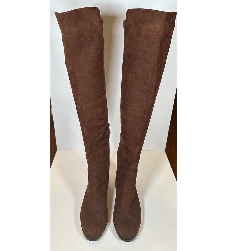 J.Crew Faux Suede Stretch Knee High Boots Brown Flat Low Heel Size 8 BJ269